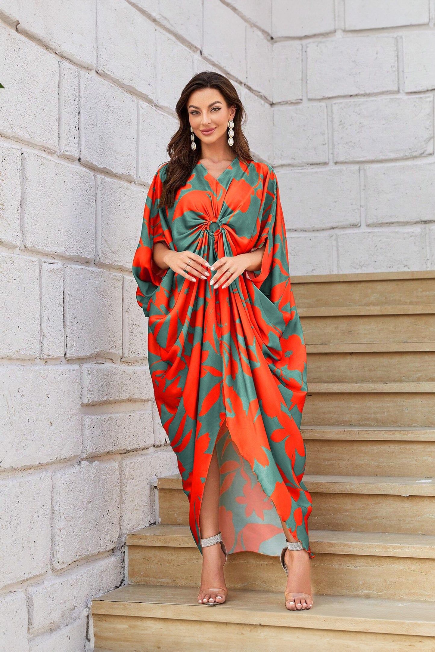 Knotty Nice | Tangerine Floral Kaftan Dress