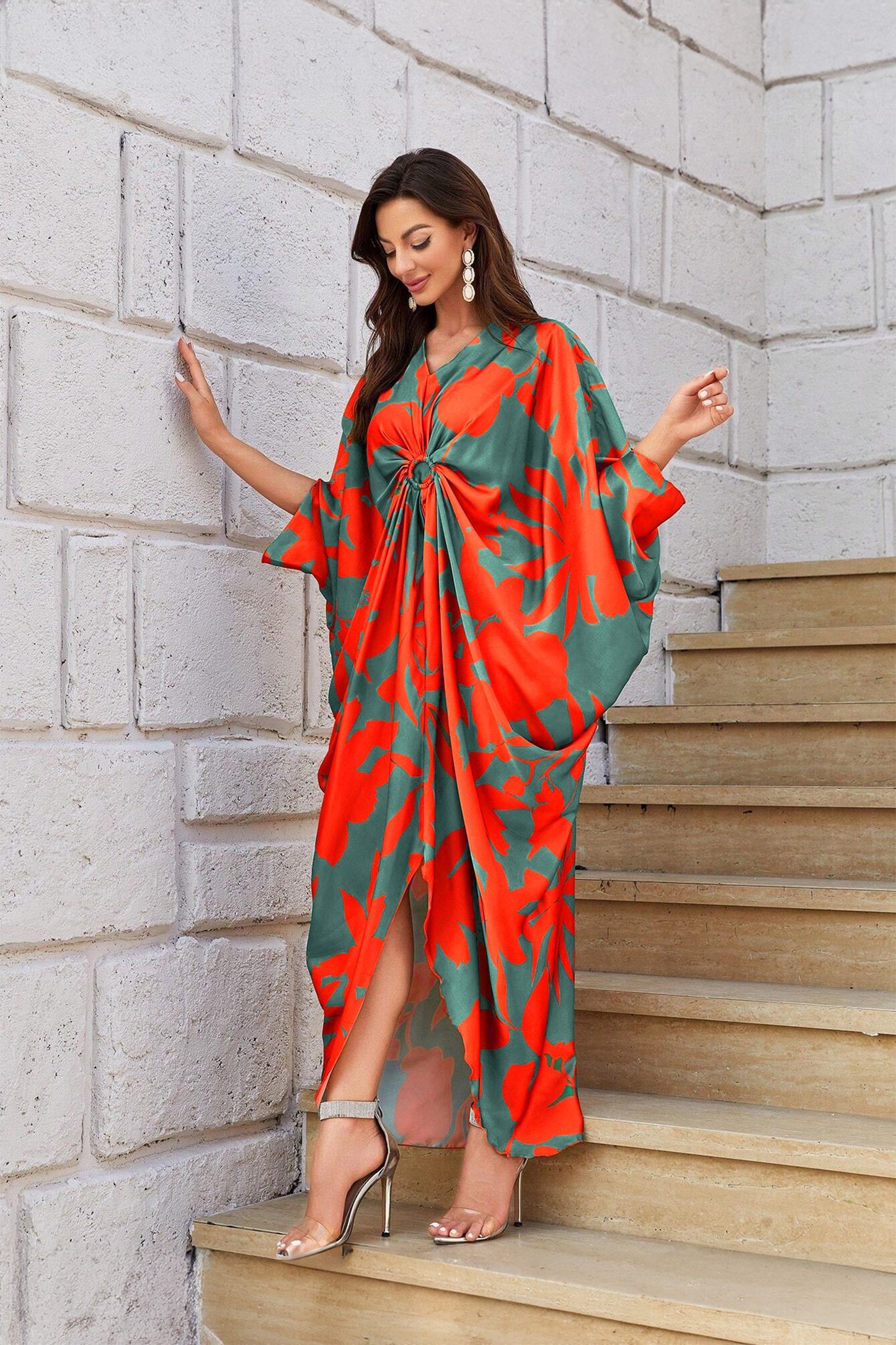 Knotty Nice | Tangerine Floral Kaftan Dress