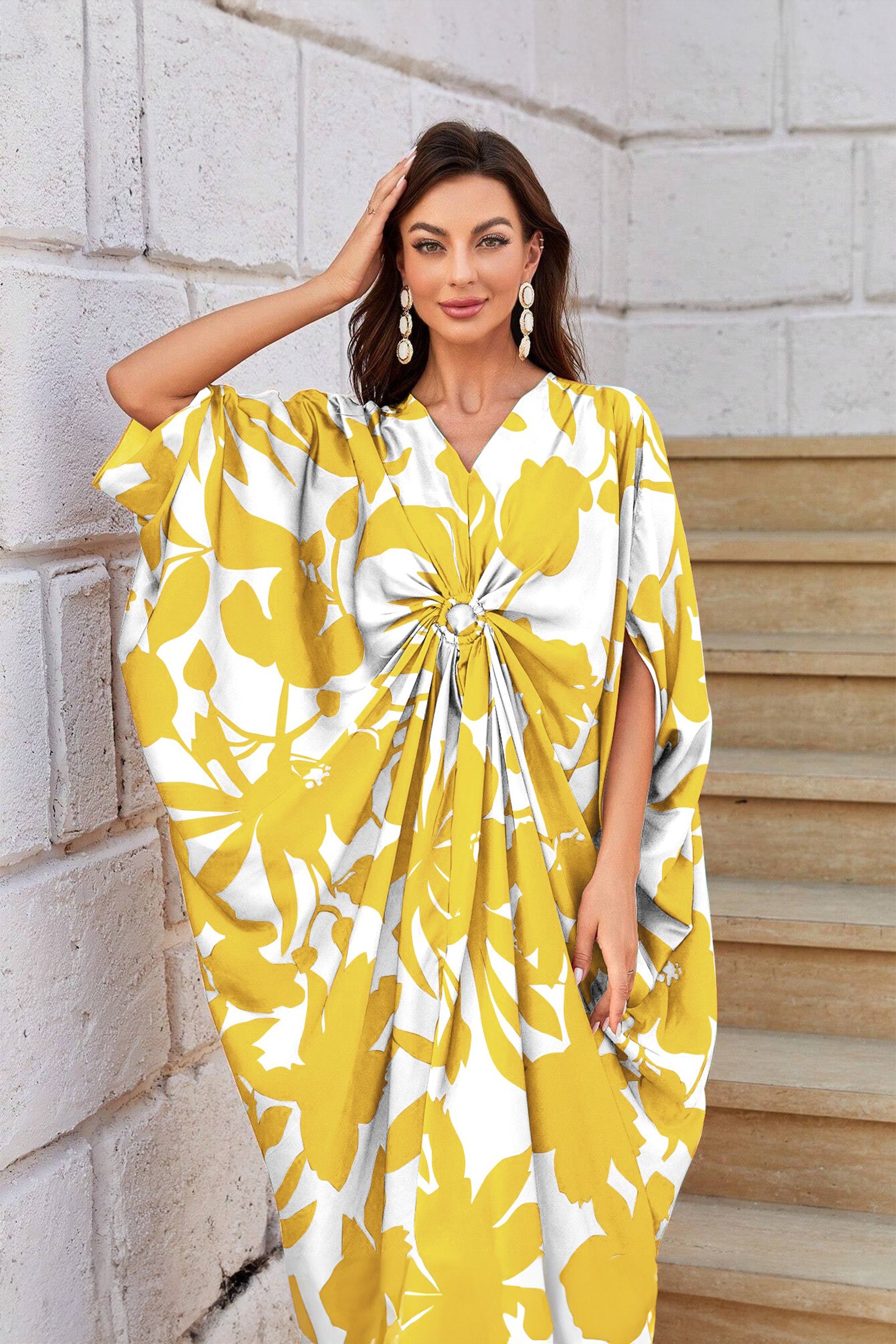 Knotty Nice Yellow Floral Kaftan Dress Earthen Threads