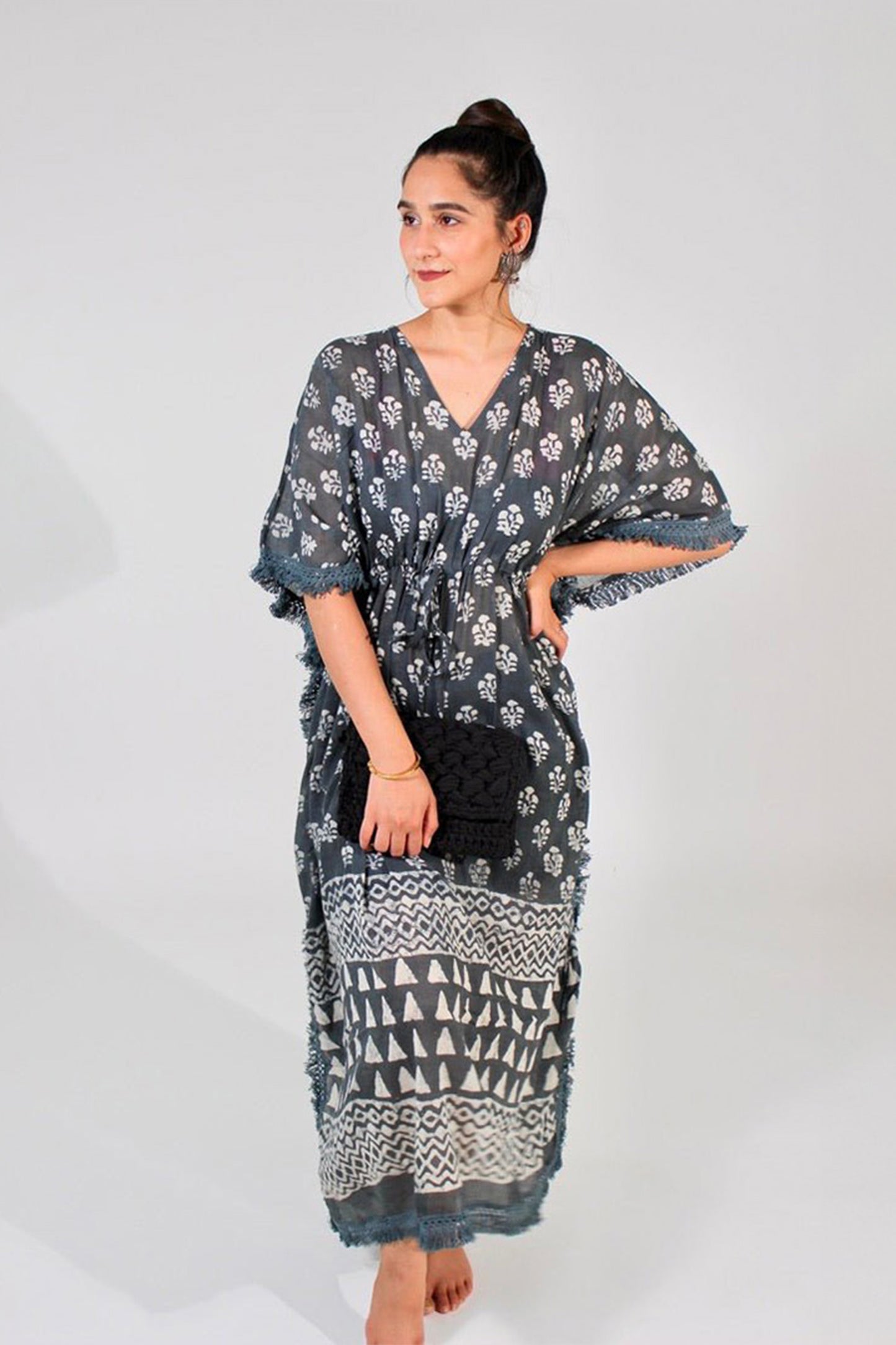 Grey Hand Block Printed Grey 100% Cotton Kaftan