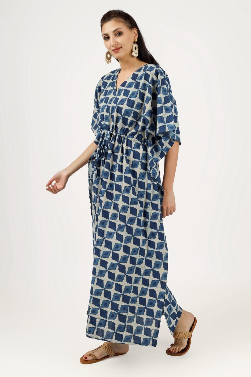 Block Printed Myra Indigo Cotton Kaftan - Earthen Threads