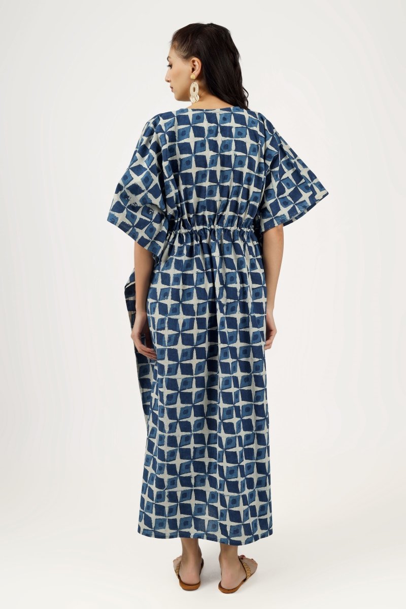 Block Printed Myra Indigo Cotton Kaftan - Earthen Threads