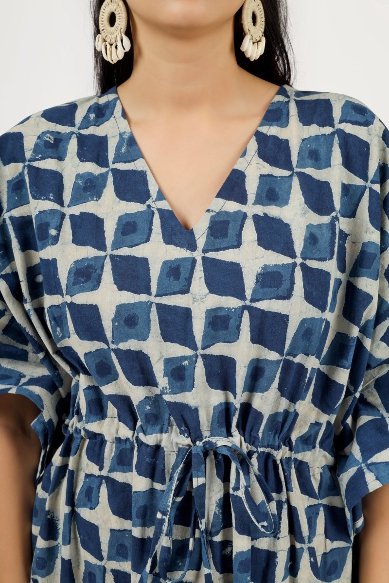 Block Printed Myra Indigo Cotton Kaftan - Earthen Threads