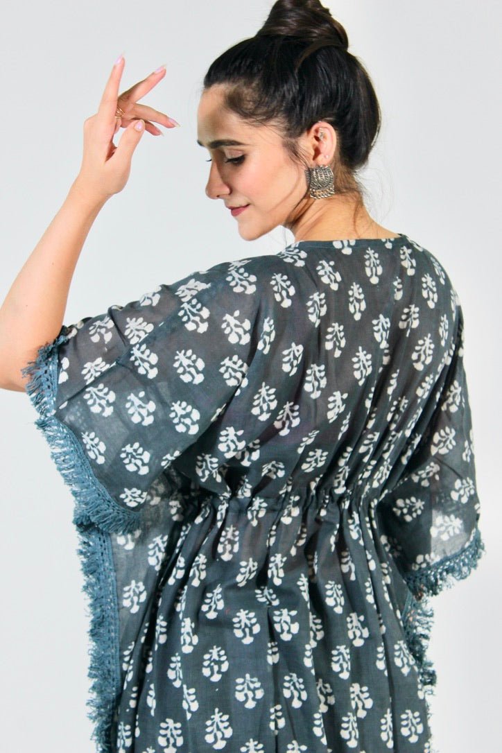 Patio Block Printed Grey Cotton Kaftan - Earthen Threads