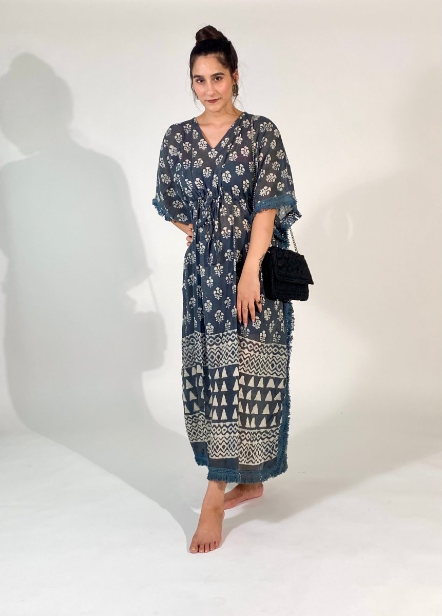 Patio Block Printed Grey Cotton Kaftan - Earthen Threads