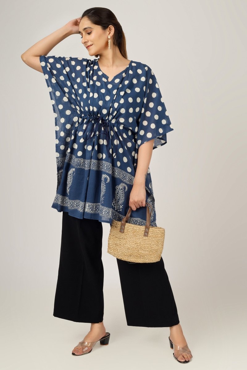 Polka Dots Block Printed Cotton Kaftan Tunic - Earthen Threads