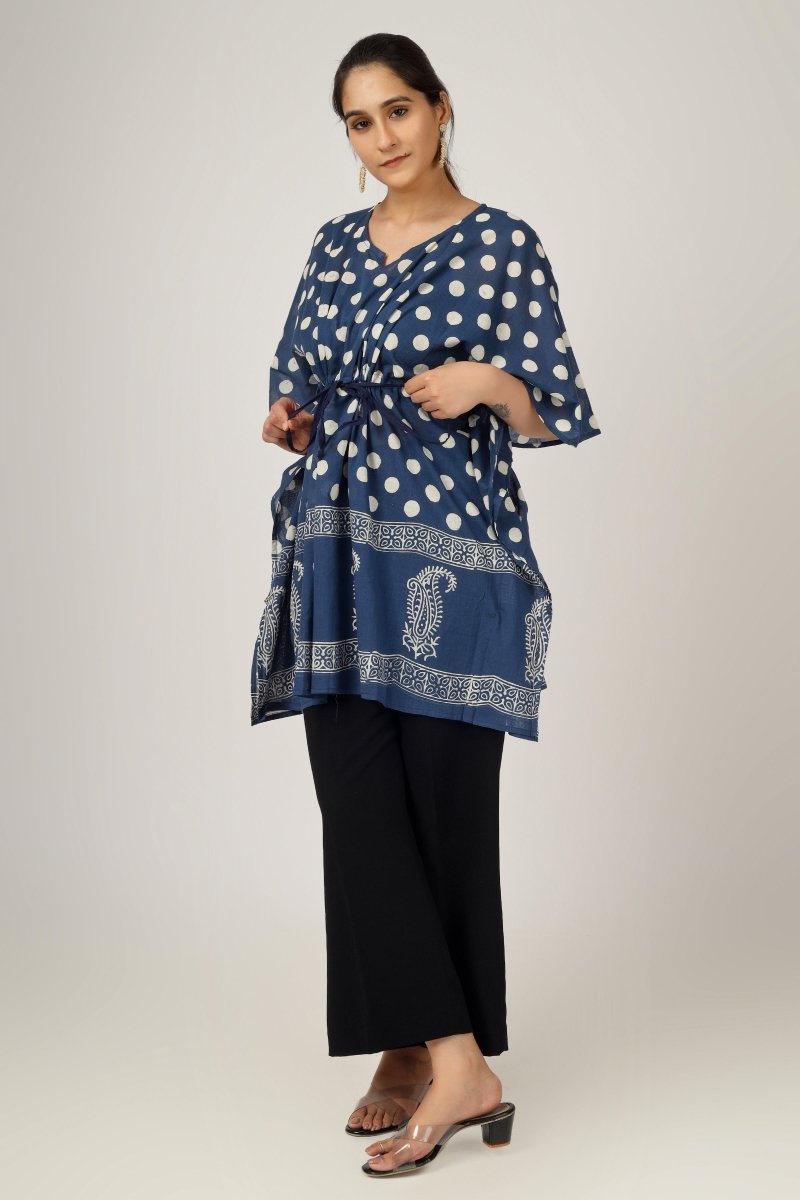 Polka Dots Block Printed Cotton Kaftan Tunic - Earthen Threads