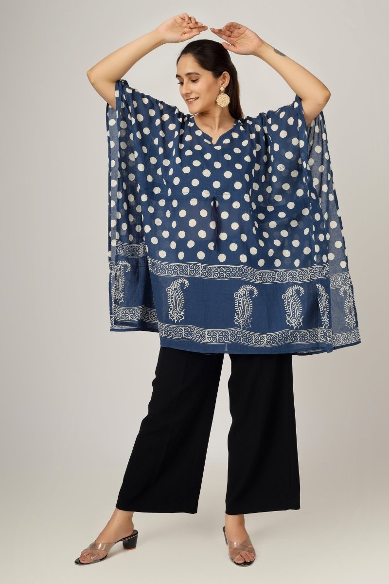 Polka Dots Block Printed Cotton Kaftan Tunic - Earthen Threads